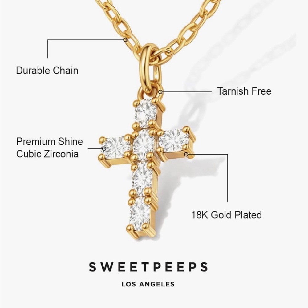 SWEET PEEPS 18K Gold Dipped CZ Cross Necklace Gold Dainty Minimalist 16” Chain - Picture 4 of 7